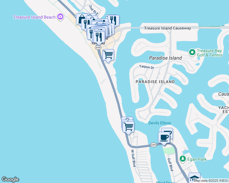 map of restaurants, bars, coffee shops, grocery stores, and more near 10224 Florida 699 in Treasure Island