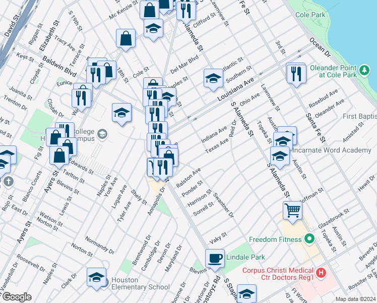 map of restaurants, bars, coffee shops, grocery stores, and more near 815 Ohio Avenue in Corpus Christi