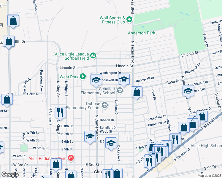 map of restaurants, bars, coffee shops, grocery stores, and more near 804 Kennedy Drive in Alice