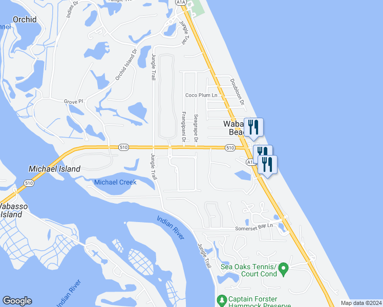 map of restaurants, bars, coffee shops, grocery stores, and more near 2050 Autumn Lane in Vero Beach