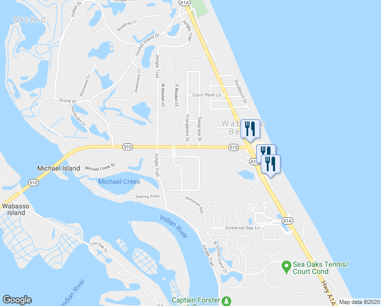 map of restaurants, bars, coffee shops, grocery stores, and more near 9316 Frangipani Drive in Vero Beach