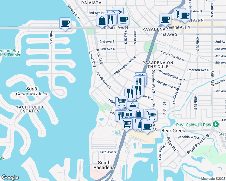 map of restaurants, bars, coffee shops, grocery stores, and more near 7301 Grevilla Avenue South in St. Petersburg