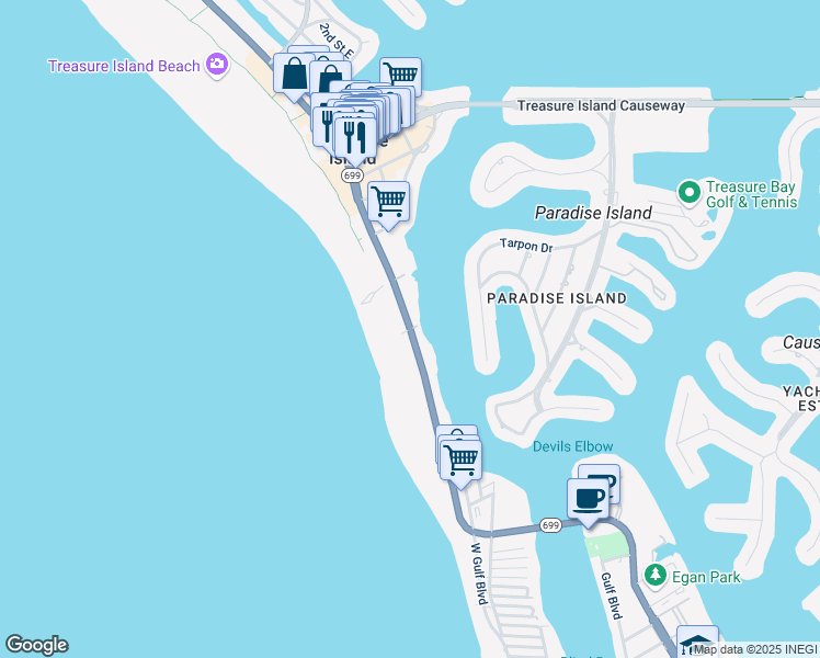 map of restaurants, bars, coffee shops, grocery stores, and more near Gulf Blvd & 102nd Ave in Treasure Island