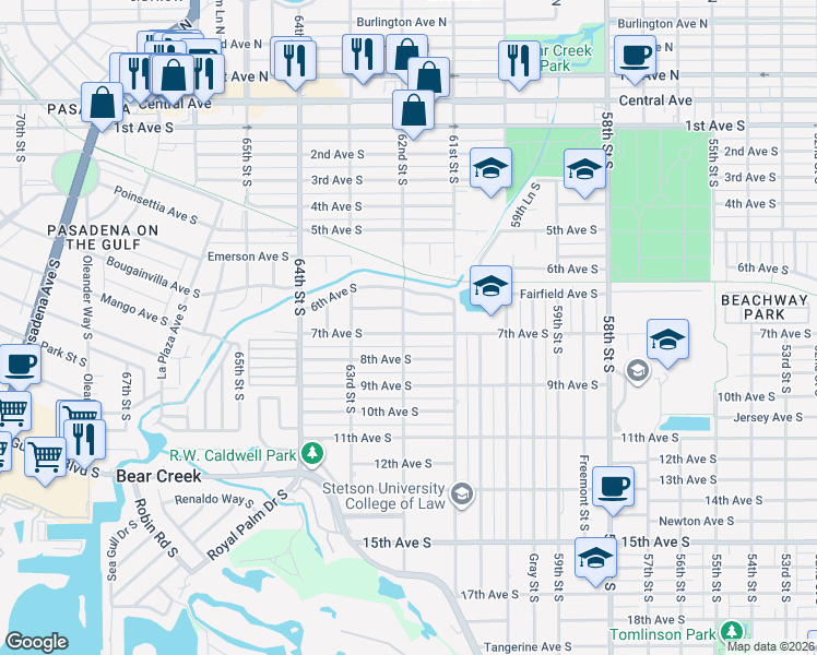 map of restaurants, bars, coffee shops, grocery stores, and more near 655 62nd Street South in St. Petersburg