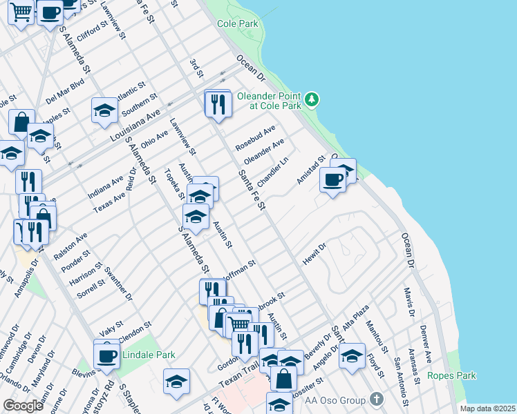 map of restaurants, bars, coffee shops, grocery stores, and more near 2937 Santa Fe Street in Corpus Christi