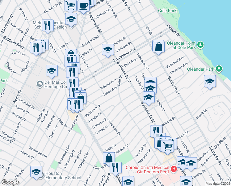 map of restaurants, bars, coffee shops, grocery stores, and more near 529 Texas Avenue in Corpus Christi