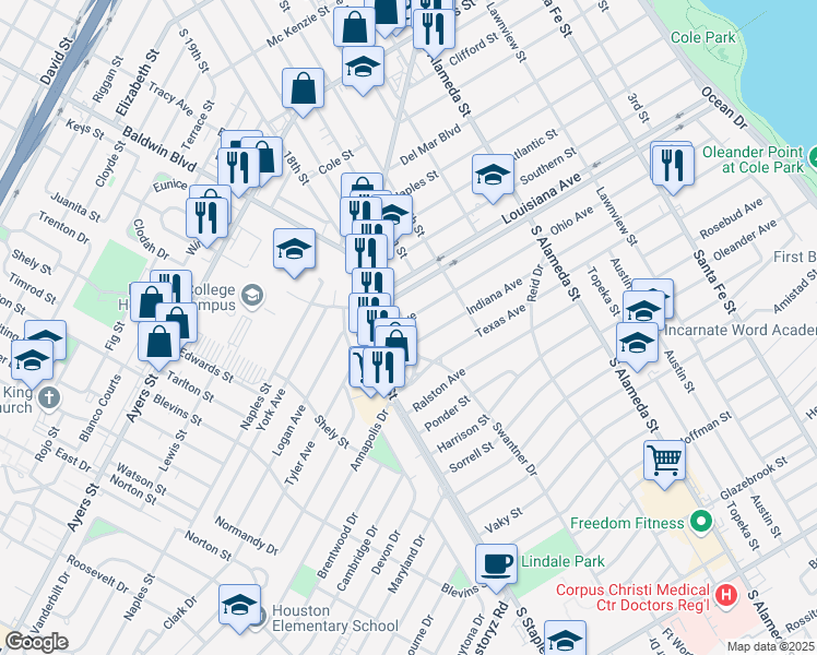 map of restaurants, bars, coffee shops, grocery stores, and more near 815 Ohio Avenue in Corpus Christi