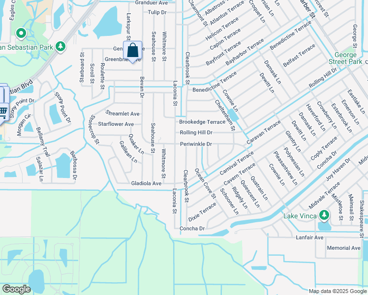 map of restaurants, bars, coffee shops, grocery stores, and more near 768 Periwinkle Drive in Sebastian