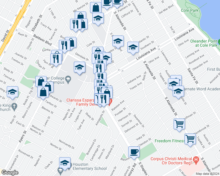 map of restaurants, bars, coffee shops, grocery stores, and more near 2702 Swantner Drive in Corpus Christi