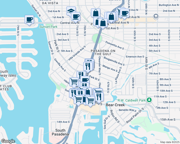 map of restaurants, bars, coffee shops, grocery stores, and more near 6840 Date Palm Avenue South in South Pasadena