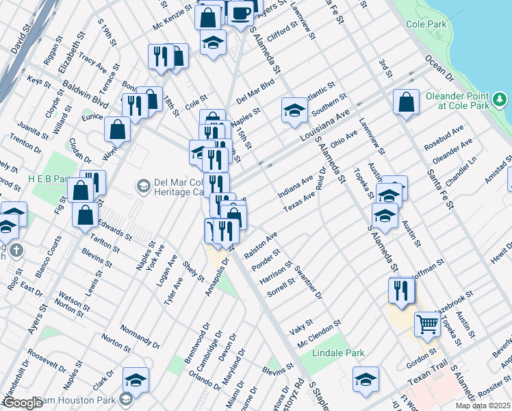 map of restaurants, bars, coffee shops, grocery stores, and more near 810 Indiana Avenue in Corpus Christi