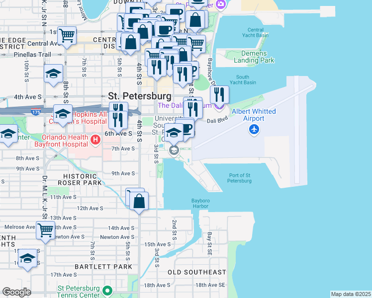 map of restaurants, bars, coffee shops, grocery stores, and more near 140 7th Avenue South in Saint Petersburg