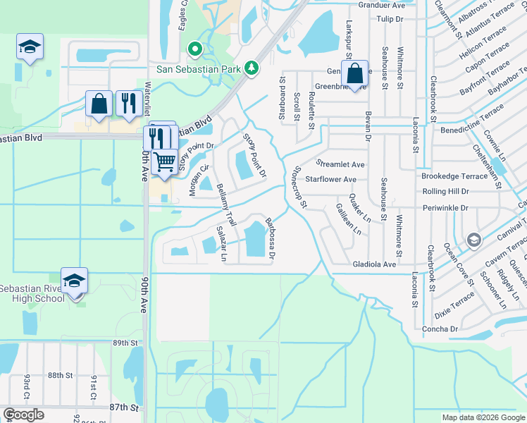 map of restaurants, bars, coffee shops, grocery stores, and more near 214 Barbossa Drive in Sebastian