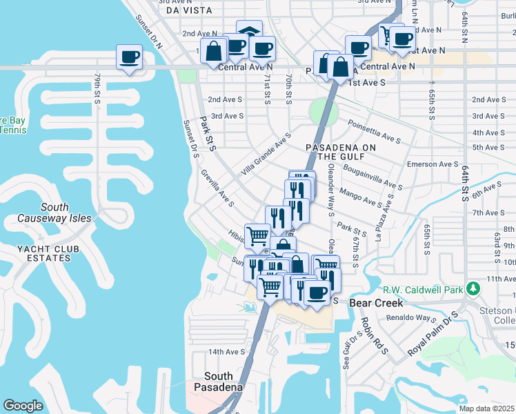map of restaurants, bars, coffee shops, grocery stores, and more near 7101 Park Street South in St. Petersburg