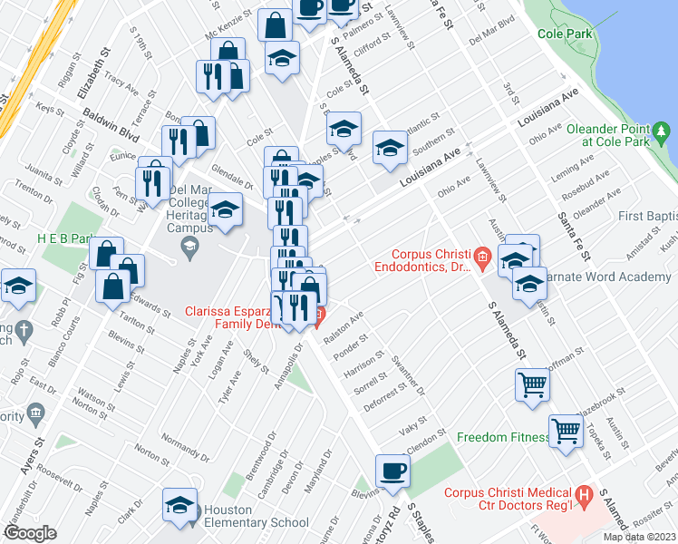 map of restaurants, bars, coffee shops, grocery stores, and more near 815 Ohio Avenue in Corpus Christi