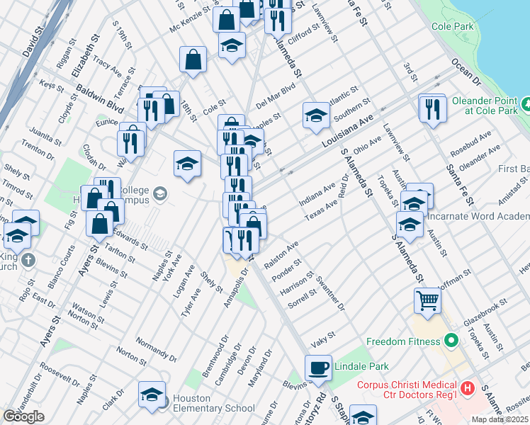map of restaurants, bars, coffee shops, grocery stores, and more near 909 Ohio Avenue in Corpus Christi