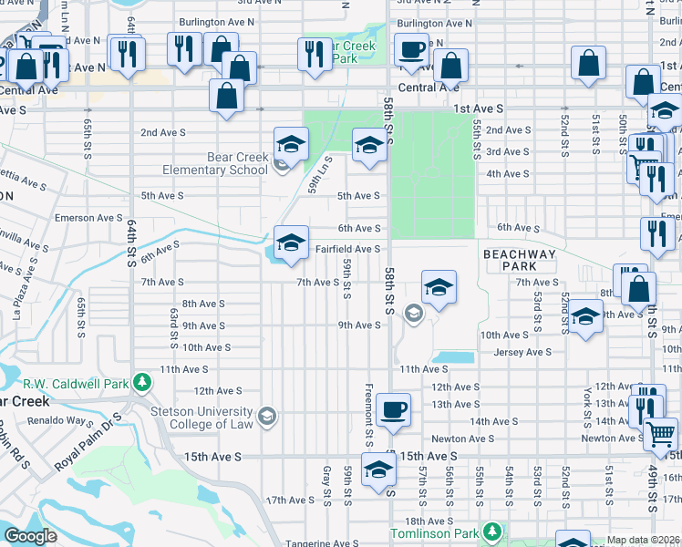 map of restaurants, bars, coffee shops, grocery stores, and more near 649 59th Street South in St. Petersburg