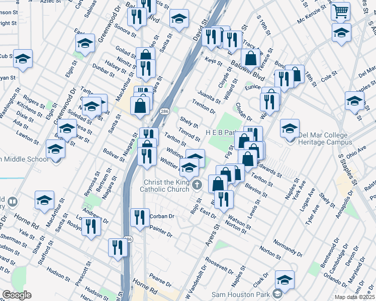 map of restaurants, bars, coffee shops, grocery stores, and more near 1710 Tarlton Street in Corpus Christi