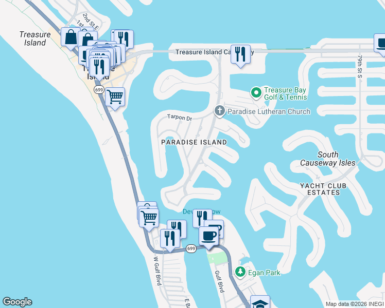 map of restaurants, bars, coffee shops, grocery stores, and more near 10121 4th Street East in Treasure Island