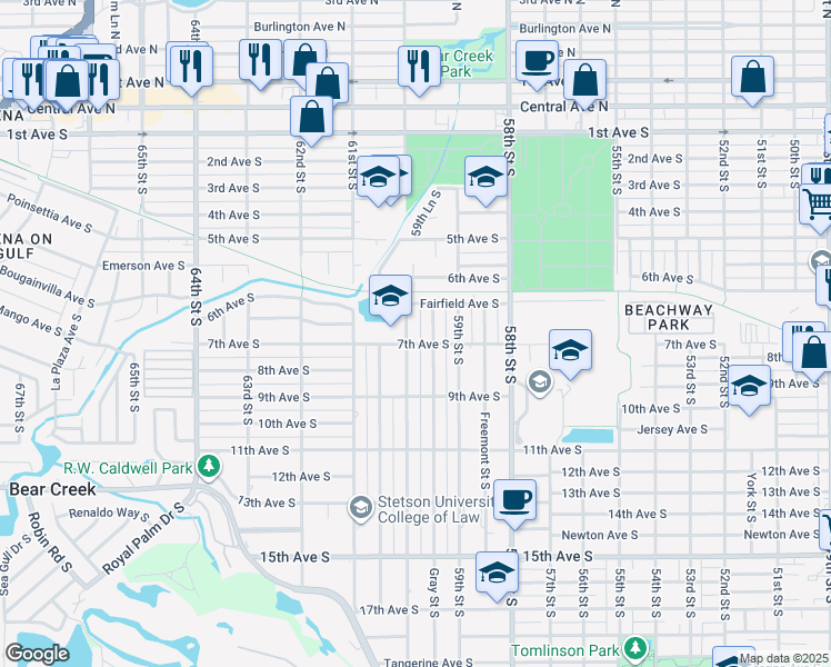 map of restaurants, bars, coffee shops, grocery stores, and more near 672 60th Street South in Saint Petersburg