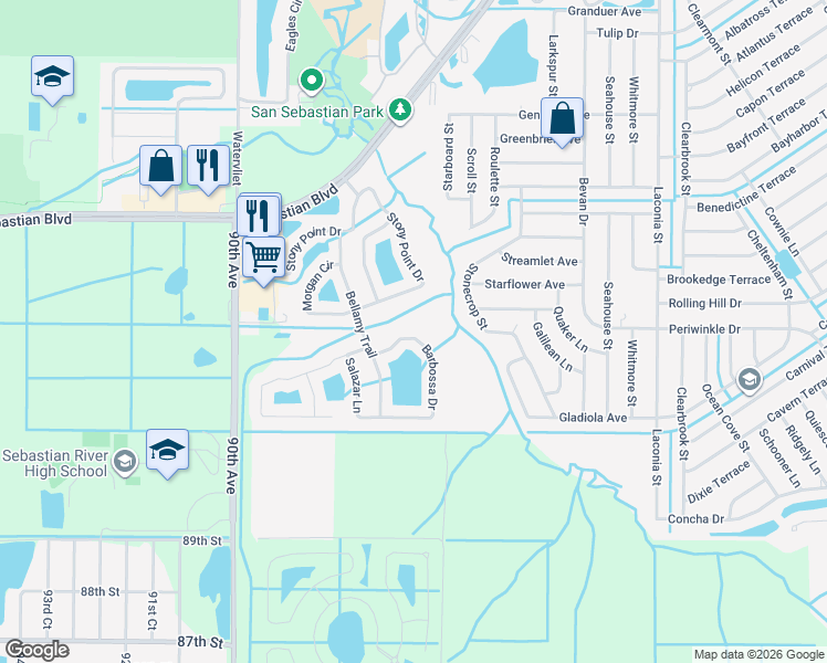 map of restaurants, bars, coffee shops, grocery stores, and more near 214 Barbossa Drive in Sebastian