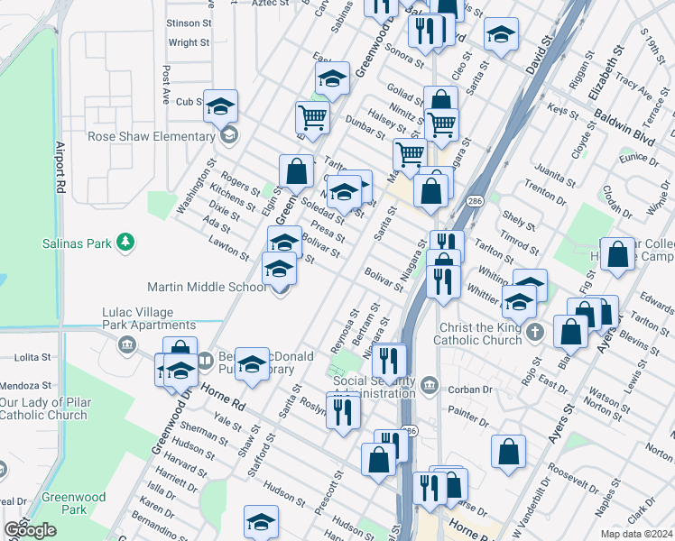 map of restaurants, bars, coffee shops, grocery stores, and more near 2502 Belton Street in Corpus Christi