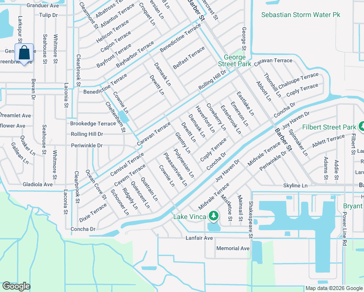 map of restaurants, bars, coffee shops, grocery stores, and more near 1529 Glentry Lane in Sebastian