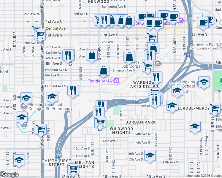 map of restaurants, bars, coffee shops, grocery stores, and more near 2576-2648 Fairfield Avenue South in Saint Petersburg