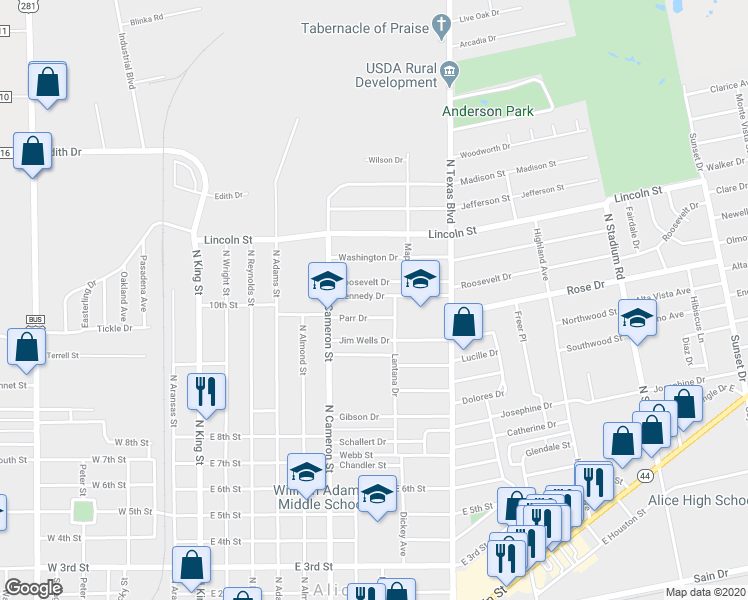 map of restaurants, bars, coffee shops, grocery stores, and more near 804 Kennedy Drive in Alice