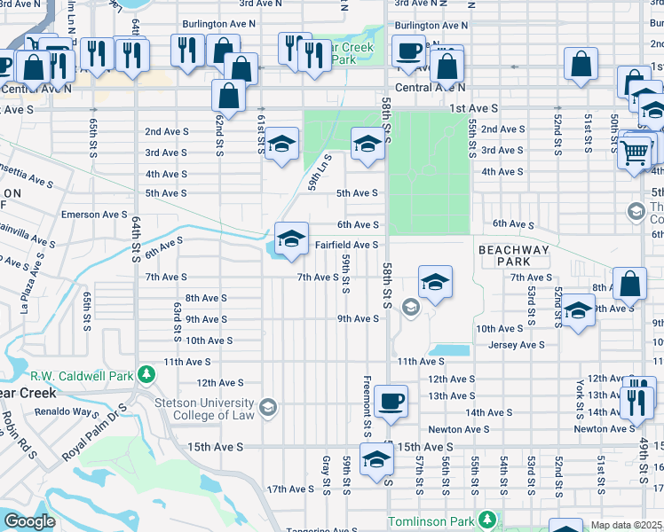 map of restaurants, bars, coffee shops, grocery stores, and more near 649 59th Street South in St. Petersburg