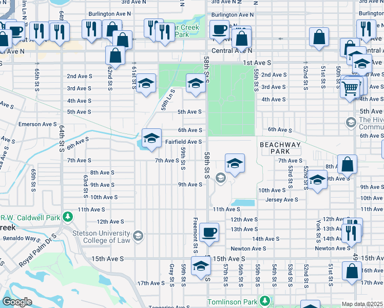 map of restaurants, bars, coffee shops, grocery stores, and more near 648 Folsom Street South in St. Petersburg