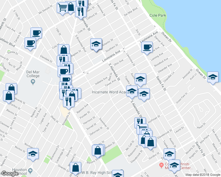 map of restaurants, bars, coffee shops, grocery stores, and more near 534 Ralston Avenue in Corpus Christi