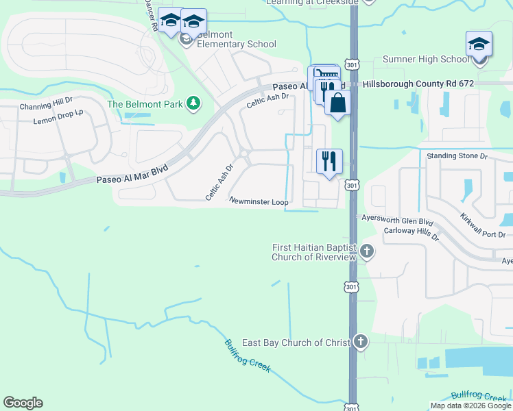 map of restaurants, bars, coffee shops, grocery stores, and more near 10136 Newminster Loop in Ruskin