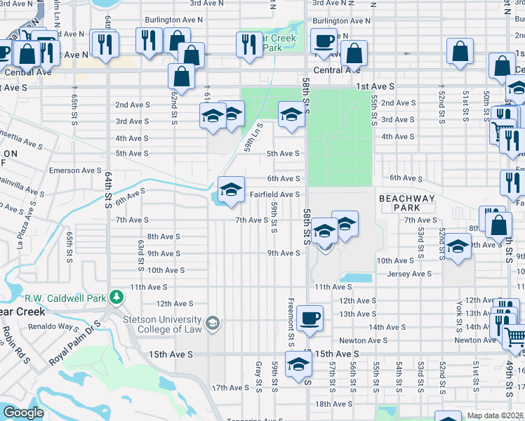 map of restaurants, bars, coffee shops, grocery stores, and more near 664 Gray Street South in St. Petersburg