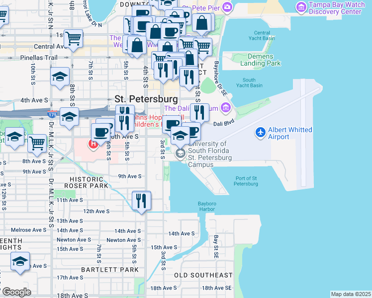 map of restaurants, bars, coffee shops, grocery stores, and more near 140 7th Avenue South in St. Petersburg