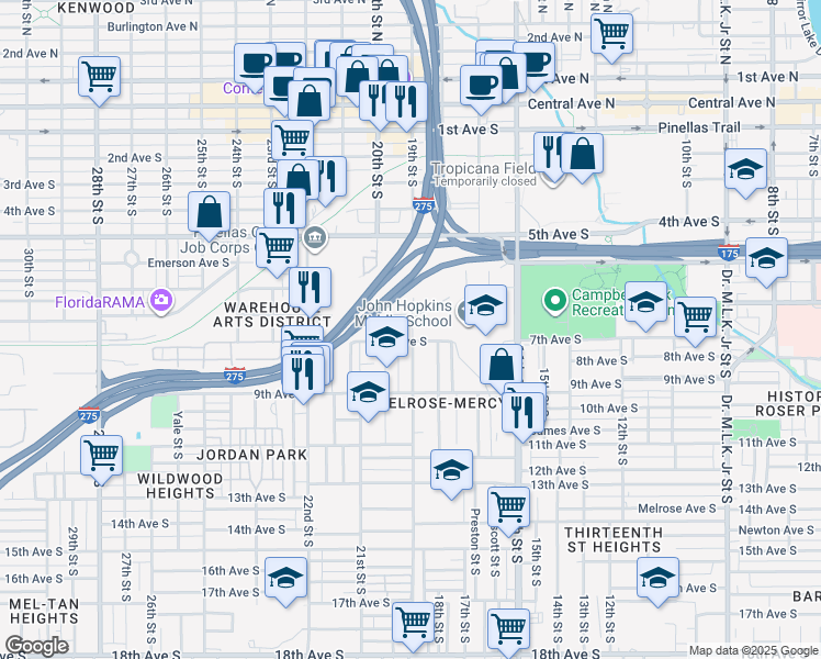 map of restaurants, bars, coffee shops, grocery stores, and more near 1900 Fairfield Avenue South in St. Petersburg
