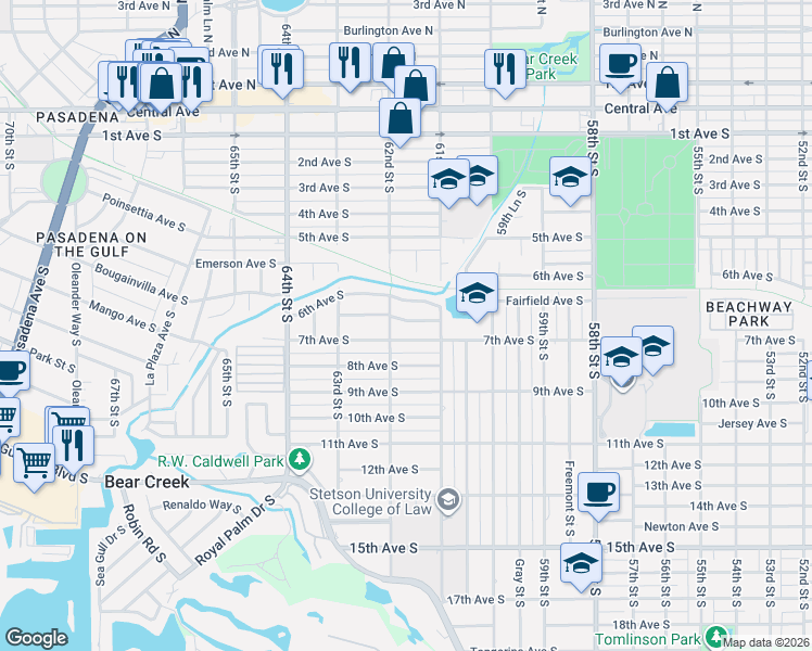 map of restaurants, bars, coffee shops, grocery stores, and more near 6133 Fairfield Avenue South in St. Petersburg