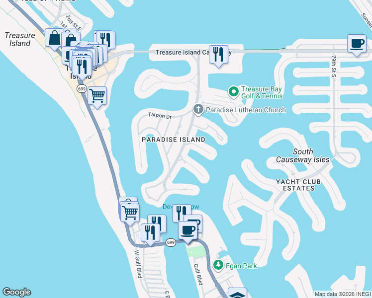 map of restaurants, bars, coffee shops, grocery stores, and more near 10127 Paradise Boulevard in Treasure Island