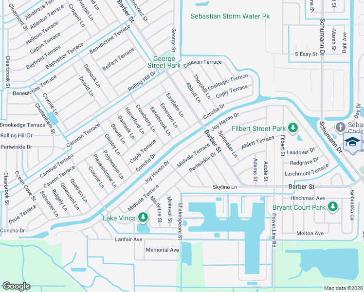 map of restaurants, bars, coffee shops, grocery stores, and more near 249 Joy Haven Drive in Sebastian