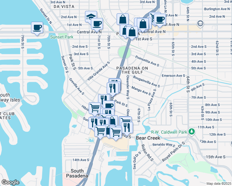 map of restaurants, bars, coffee shops, grocery stores, and more near 6840 Date Palm Avenue South in South Pasadena