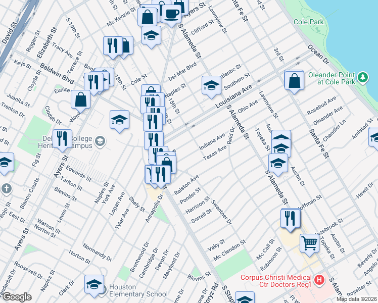 map of restaurants, bars, coffee shops, grocery stores, and more near 706 Indiana Avenue in Corpus Christi