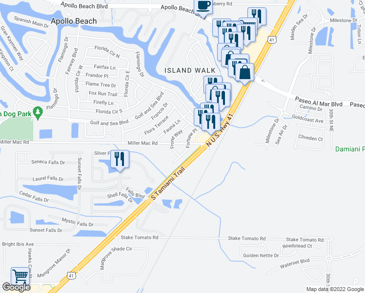 map of restaurants, bars, coffee shops, grocery stores, and more near 5926 Fortune Place in Apollo Beach