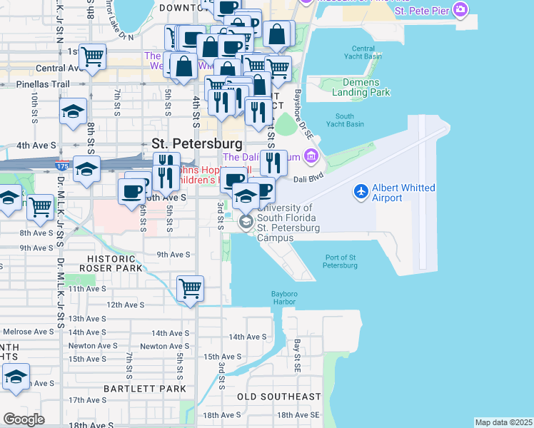 map of restaurants, bars, coffee shops, grocery stores, and more near 641 1st Street Southeast in Saint Petersburg