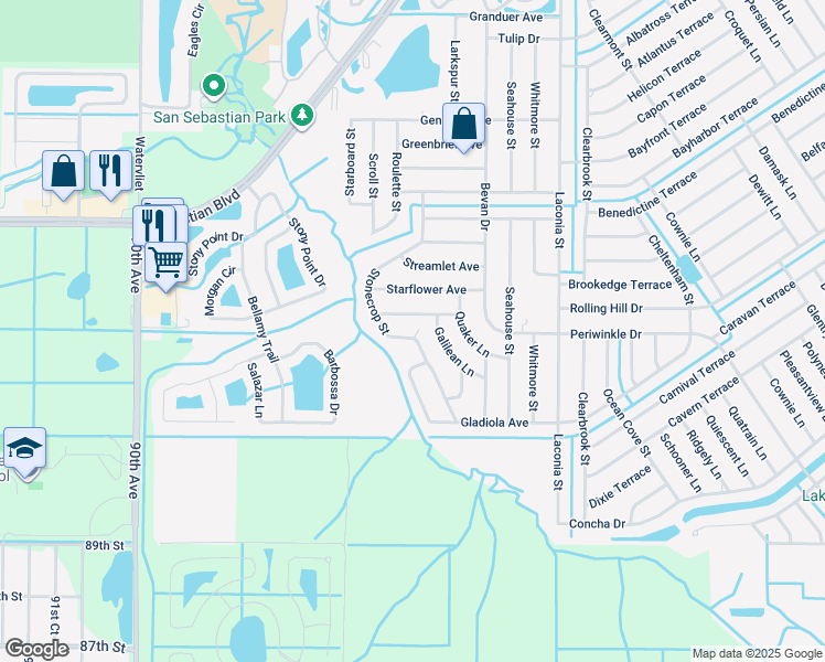 map of restaurants, bars, coffee shops, grocery stores, and more near 1626 Stonecrop Street in Sebastian
