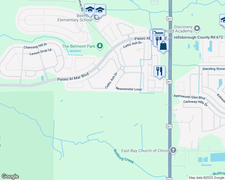 map of restaurants, bars, coffee shops, grocery stores, and more near 10101 Newminster Loop in Ruskin