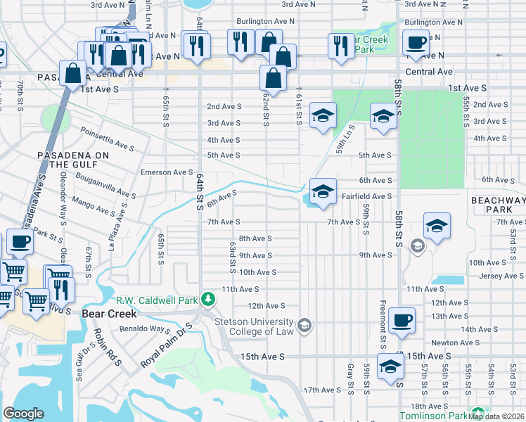 map of restaurants, bars, coffee shops, grocery stores, and more near 655 62nd Street South in St. Petersburg