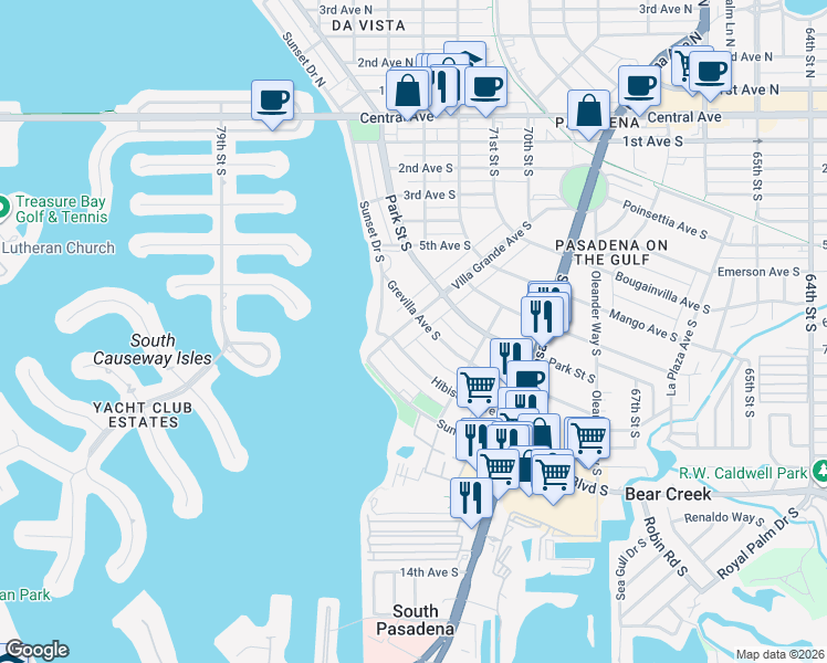 map of restaurants, bars, coffee shops, grocery stores, and more near 670 Villa Grande Avenue South in St. Petersburg