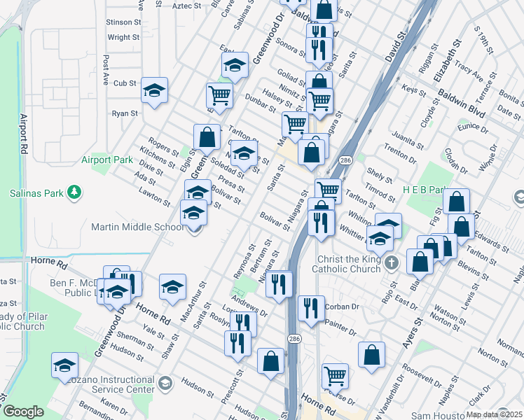 map of restaurants, bars, coffee shops, grocery stores, and more near 2246 Bolivar Street in Corpus Christi