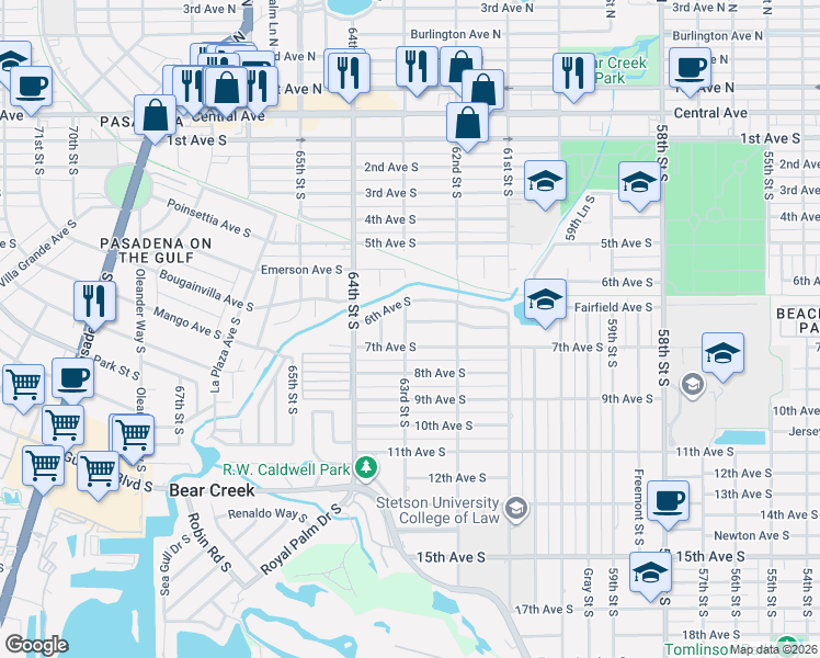 map of restaurants, bars, coffee shops, grocery stores, and more near 664 63rd Street South in Saint Petersburg