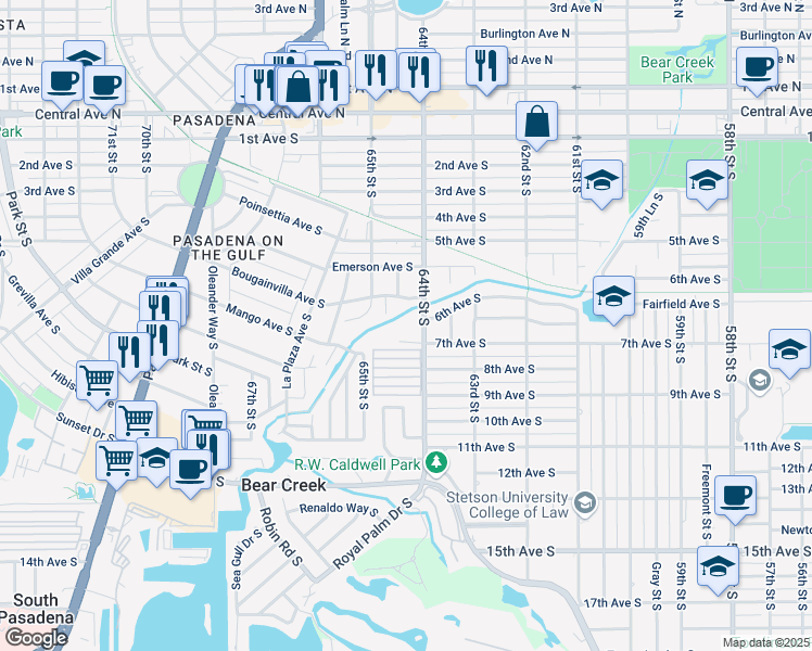 map of restaurants, bars, coffee shops, grocery stores, and more near 635 64th Street South in St. Petersburg